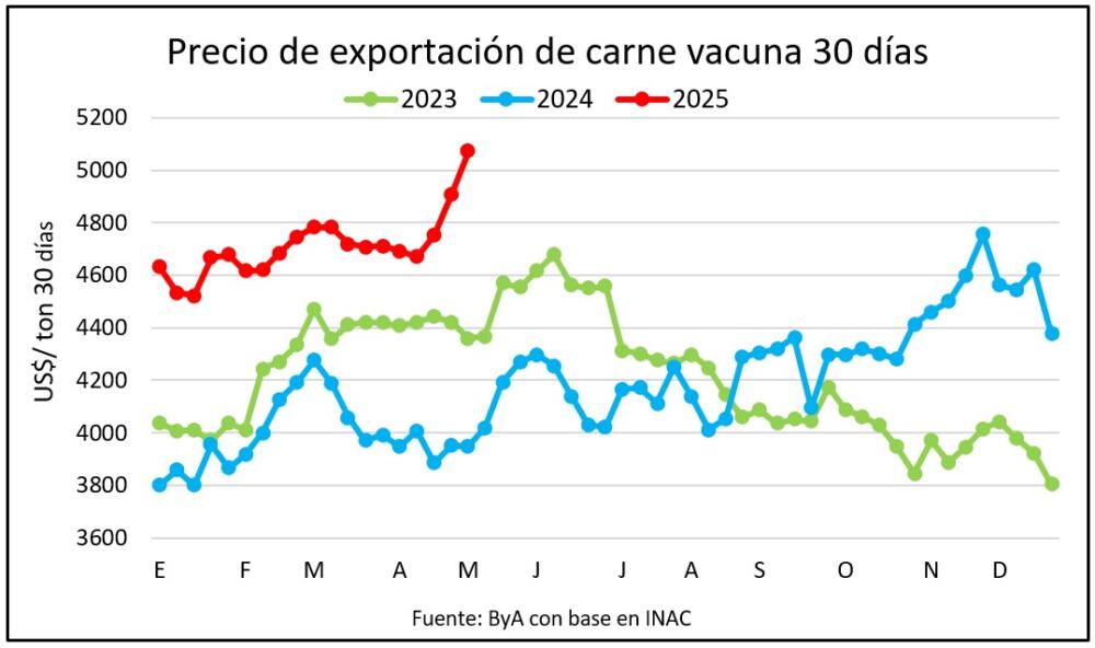 Precio de exportación de la carne vacuna está arriba de US$ 5.000 y en nuevos máximos desde 2022