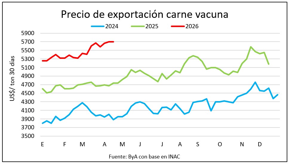 Precio de exportación se afianza arriba de US$ 5.600 para carne vacuna