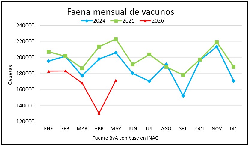 Faena cayó a 38.206 cabezas y en mayo bajó más de 21%