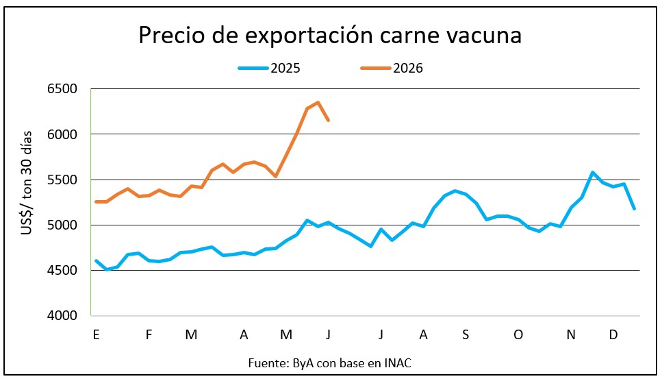 Cuatro semanas consecutivas con precio de exportación por arriba de US$ 6.000 para la carne vacuna